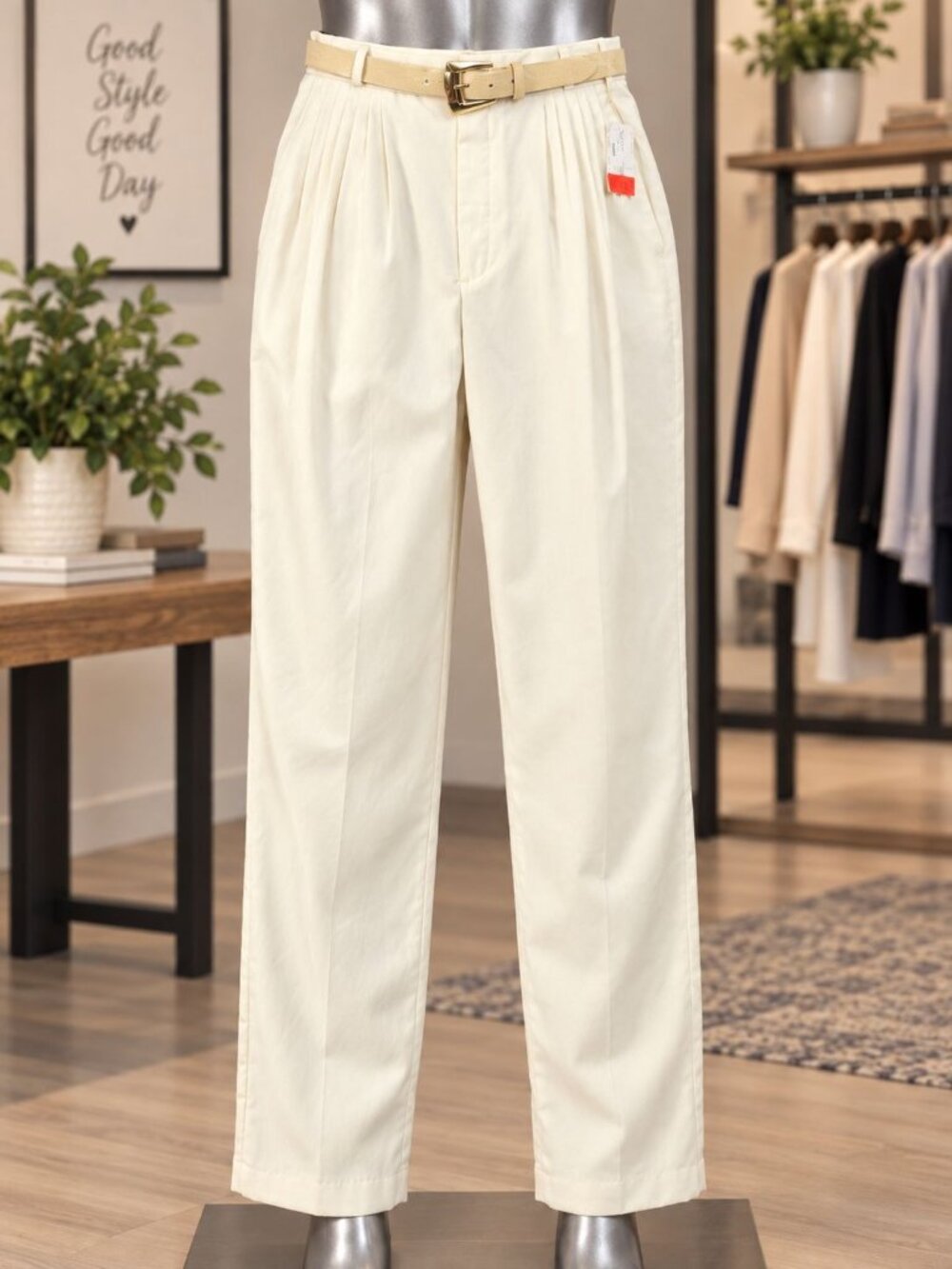 Vintage 90s Lord Isaacs Pleated High Waisted Trouser 8 Cream USA Belted Academia